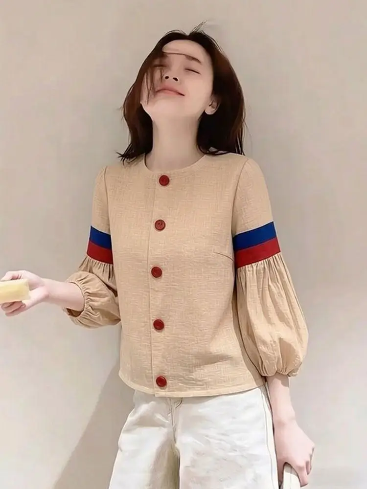 

Unique Khaki Color Spliced Shirt for Women Spring 2026 Casual Style Slimming Trendy Top round Neck Seven Sleeve Length