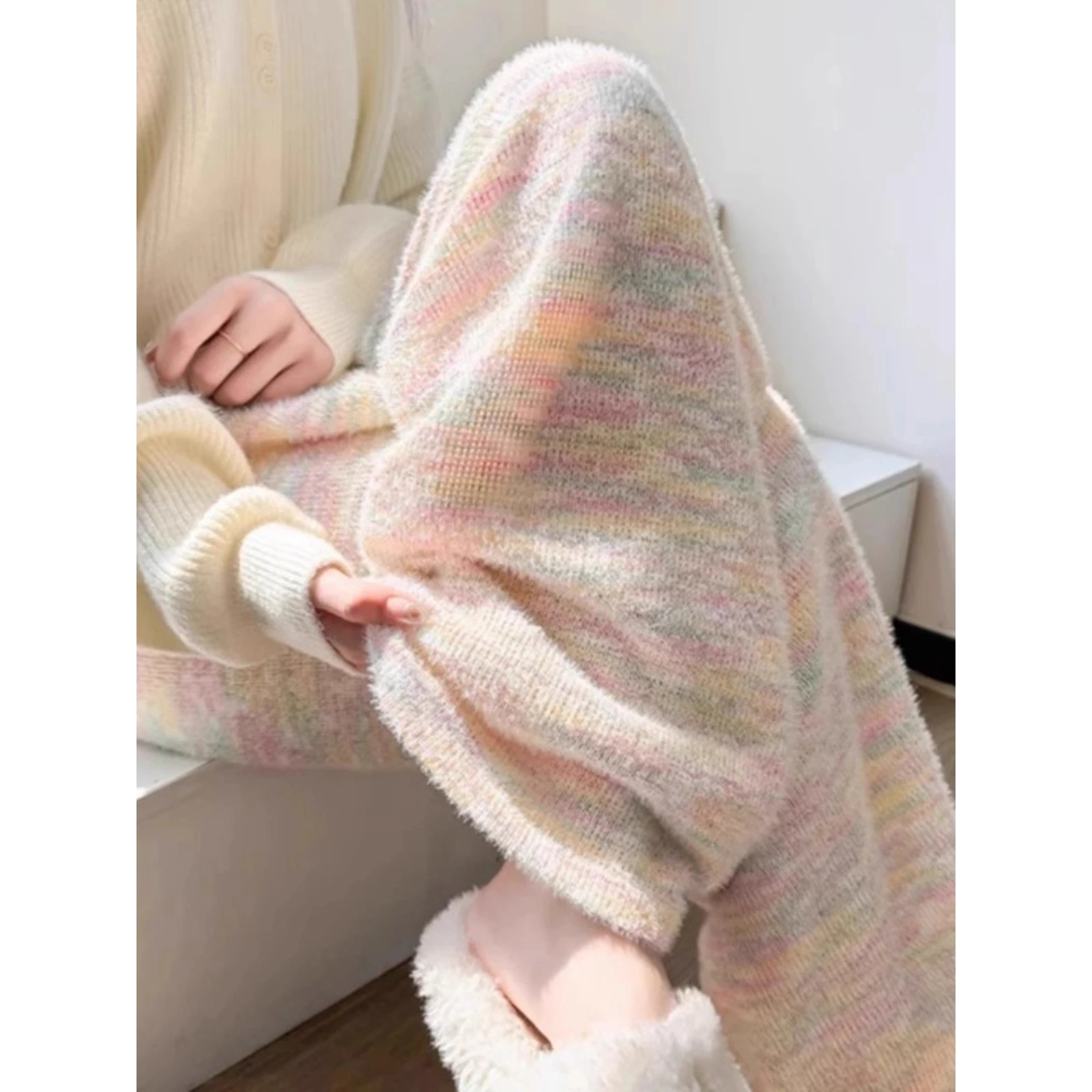 

Extra Large 300 Pou Korean Sle Lazy Knitted Rainbow Straight Leg Pants Men's Autumn Winter Trendy Loose Wide Leg Trousers