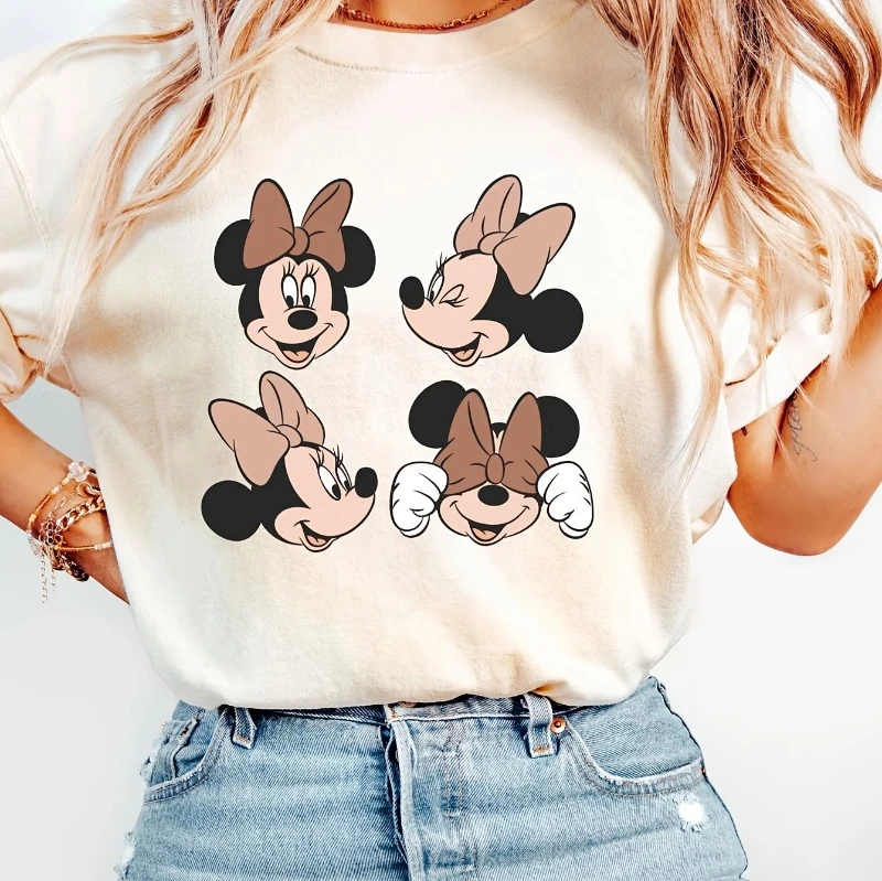 

Disney Women's Casual T-shirt Loose Round Neck 3 Cartoon Prints Mickey Minnie Can Be Machine Washed for Four Seasons Comfort.
