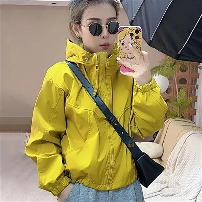 2025 Mujer Color sólido prendas de vestir con capucha primavera otoño mujeres doble cremallera abrigo corto Retro señoras manga larga chaqueta Stormtrooper