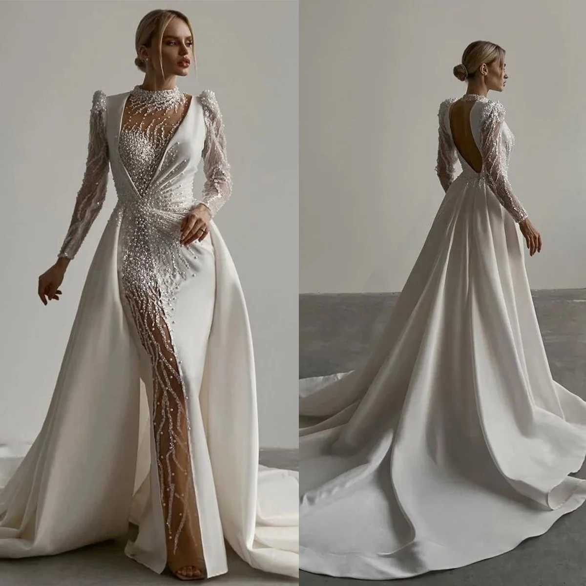 

Modern A-Line Wedding Dress For Women High Collar Sequins Pearls Bridal Gown Long Sleeves Sweep Train Dresses Custom Made