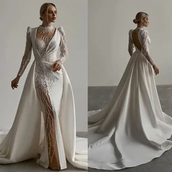 Modern A-Line Wedding Dress For Women High Collar Sequins Pearls Bridal Gown Long Sleeves Sweep Train Dresses Custom Made