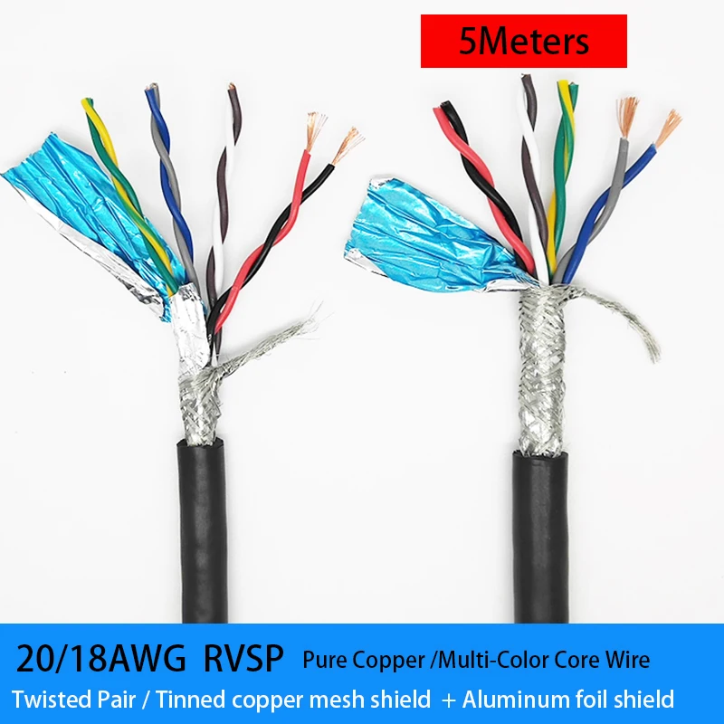 5Meters RVSP Shielded Twisted Cable 20/18AWG 2/4/6/8 Core RS485 Signal Control Wire Insulation PVC Copper Wire Audio Cable DIY