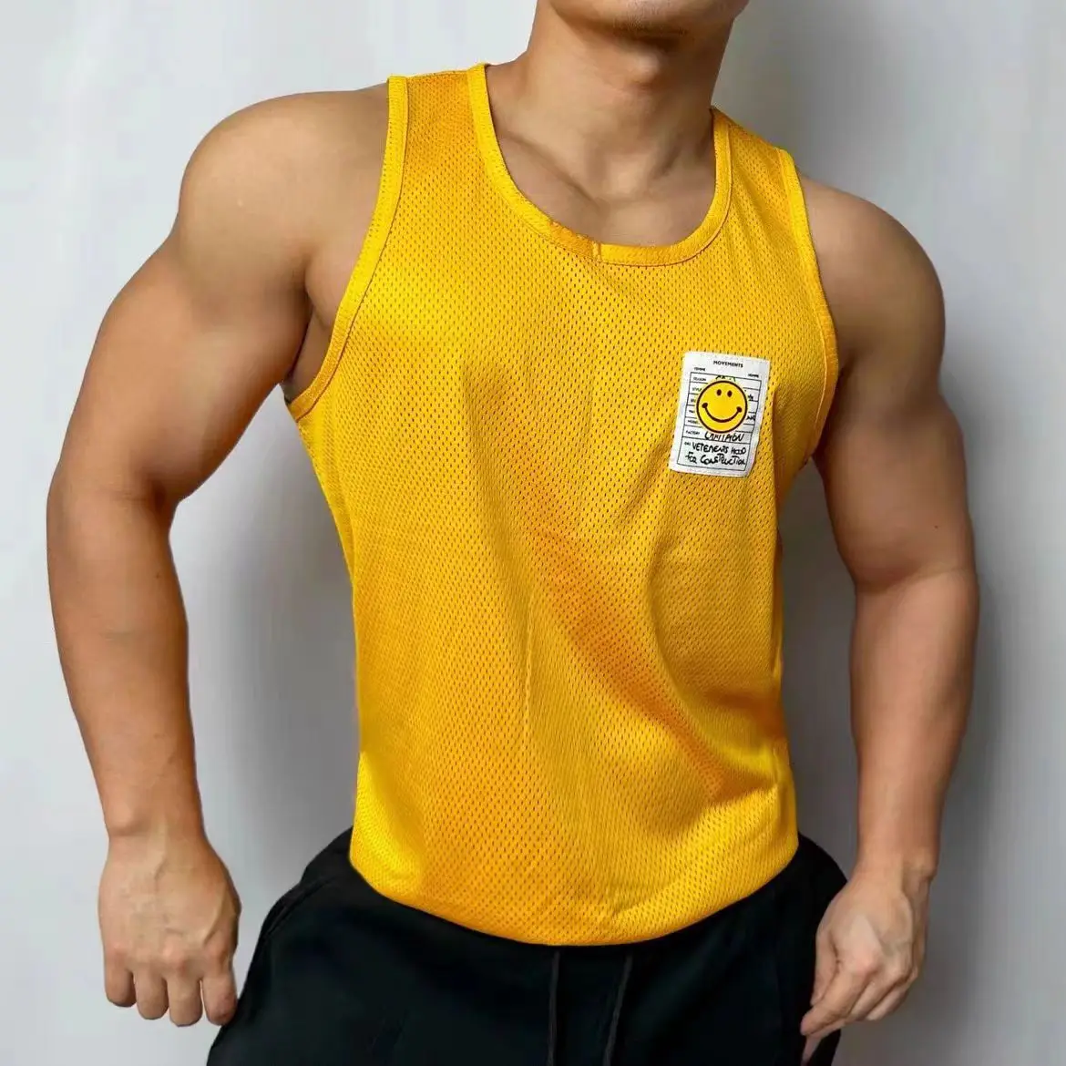 New Men's Hollow out Vest  Smiling Face Print Sleeveless Fitness Training clothes Stage Show Performance Dance outfit