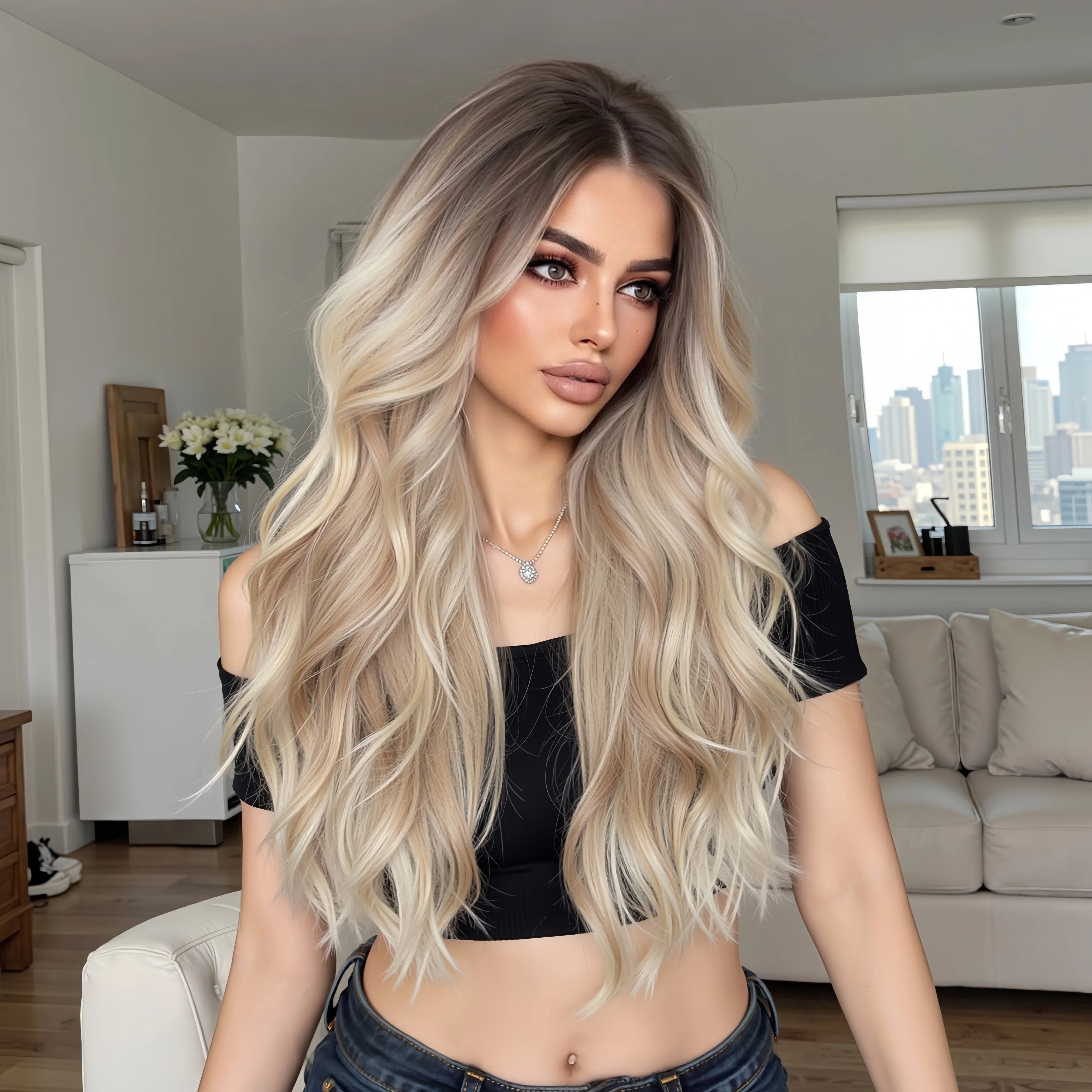 BlONDE UNICORN Lace Synthetic Wig Blonde Champagne Dark Root Curly Hair Women Wigs Daily Cosplay Natural Heat Resistant Fiber