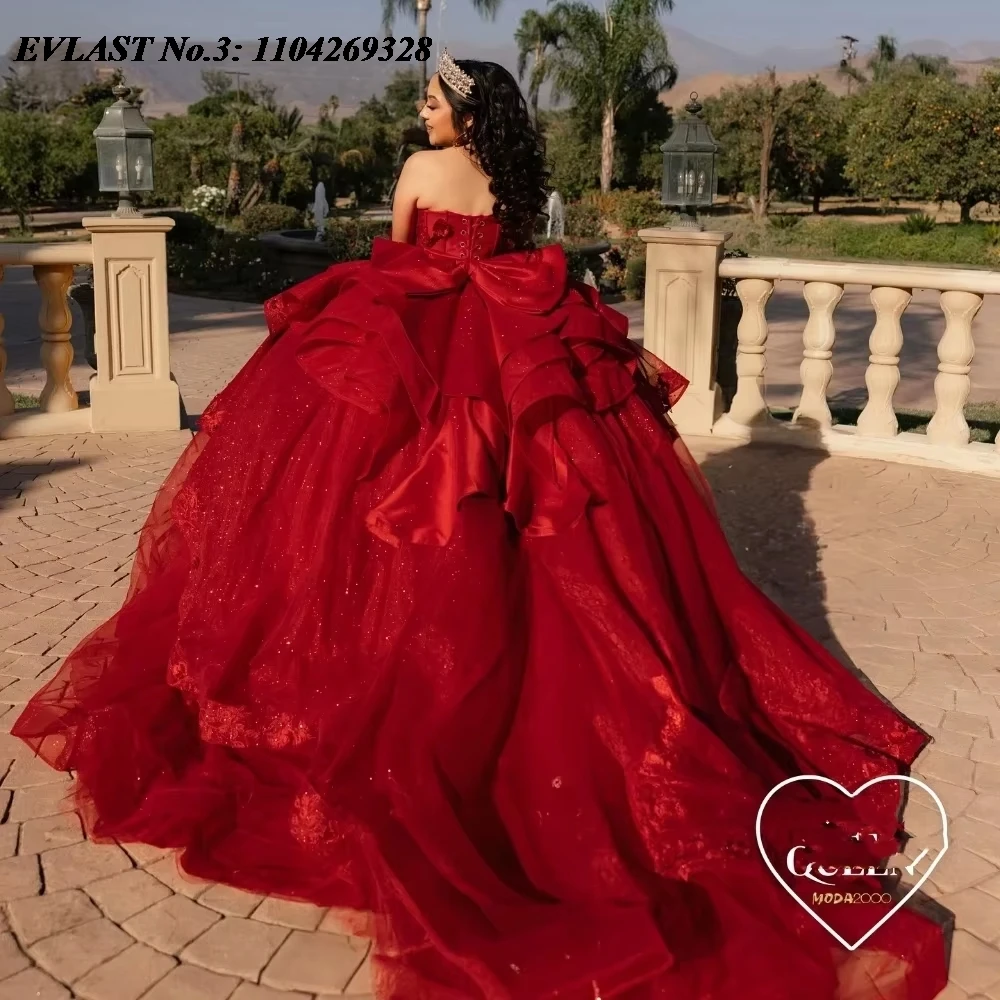 EVLAST Customized Mexican Red Quinceanera Dress Ball Gown Lace Appliques Beaded Crystal Bow Sweet 16 Vestido De 15 Anos E3Q168