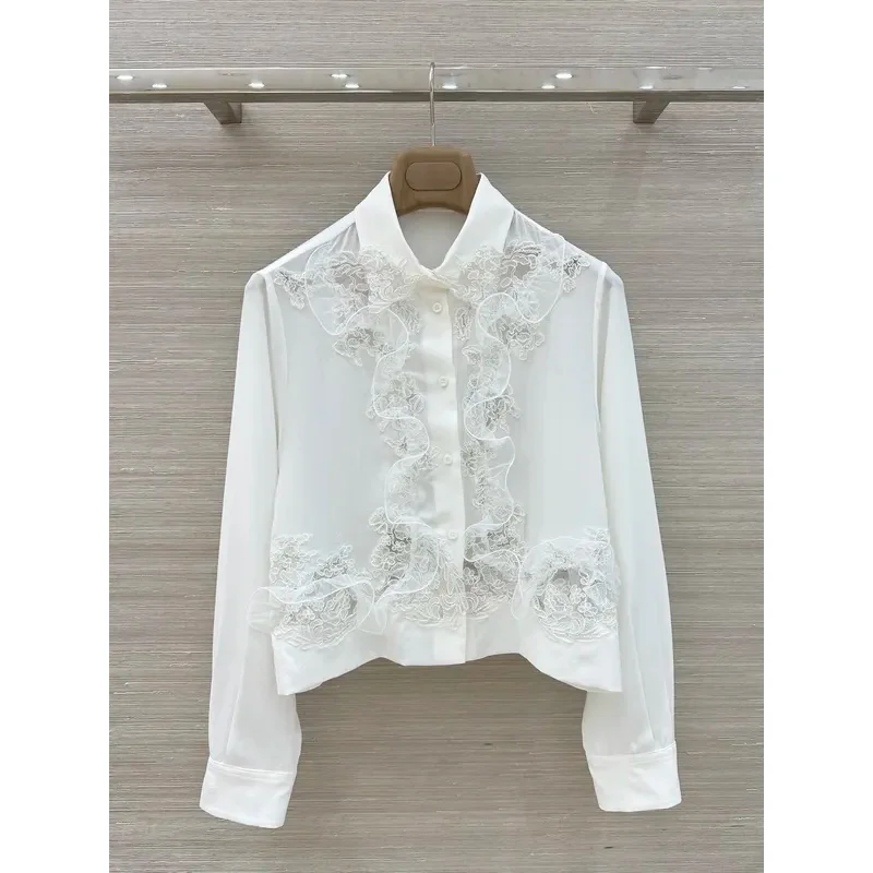 

100% Silk Ladies Lace Patch White Shirt Single Breasted Long Sleeve Turn-down Collar Elegant Female Blouse Top