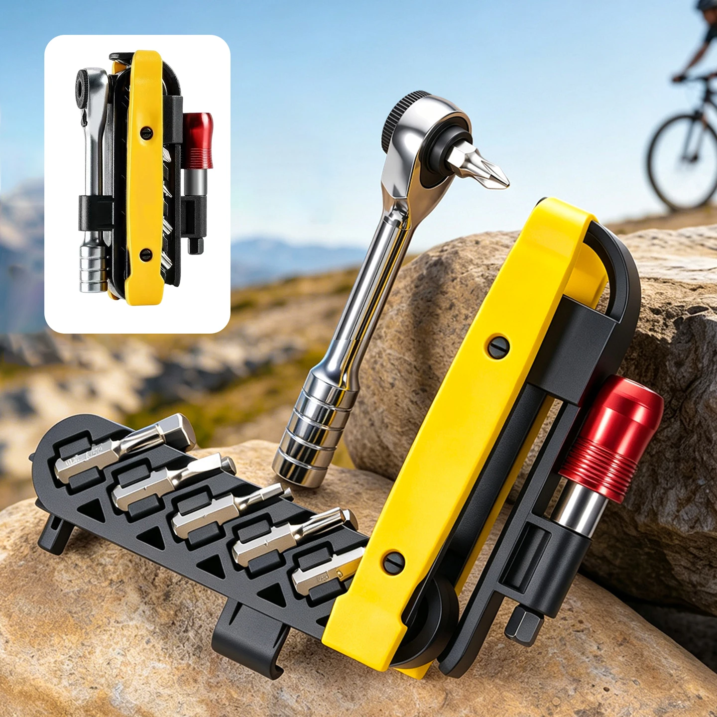 Kompaktes Fahrrad- und Motorrad-Reparaturwerkzeug-Set mit Mini-Ratschenschlüssel, Reifenhebern, Ultraleichtes Notfall-Multitool für Radfahrer
