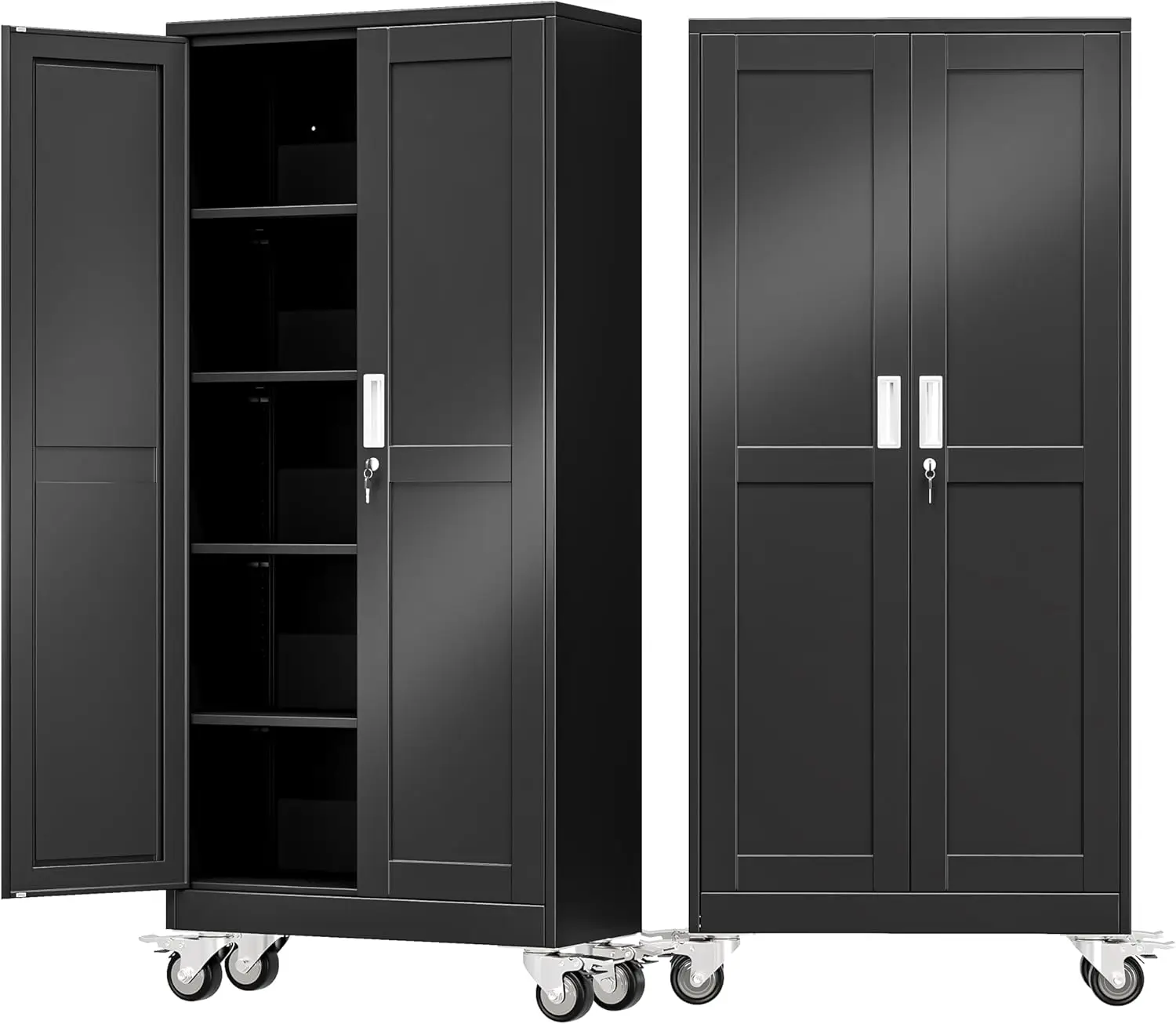 71" Metal Garage Storage Cabinet with Wheels and Lock, Black Rolling Steel Tool Cupboard with 4 Adjustable Shelves, Mobile Locking Organizer for Home Office, Shop (30"W x 15"D)