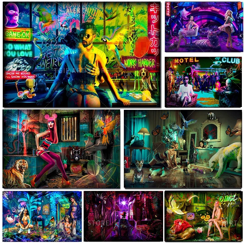 Pop Luxury Sexy Women Club Party Tiger Wall Art Poster for Art Canvas Painting Living Room Bedroom Pictures Mural  Home Decor
