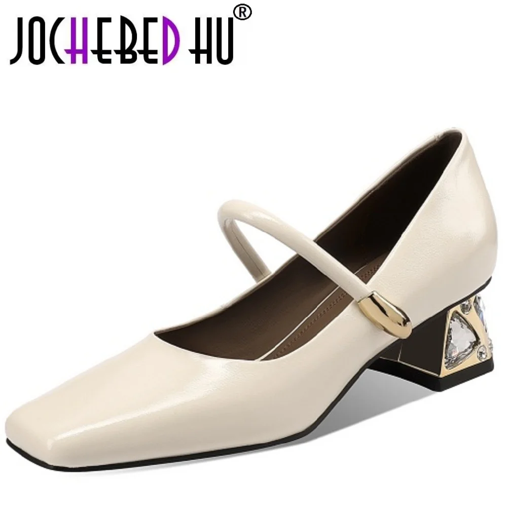 

【JOCHEBED HU】Women Handmade Genuine Leather Retro thick Mid heels Soft and comfortable Square Toe Shoes 33-43