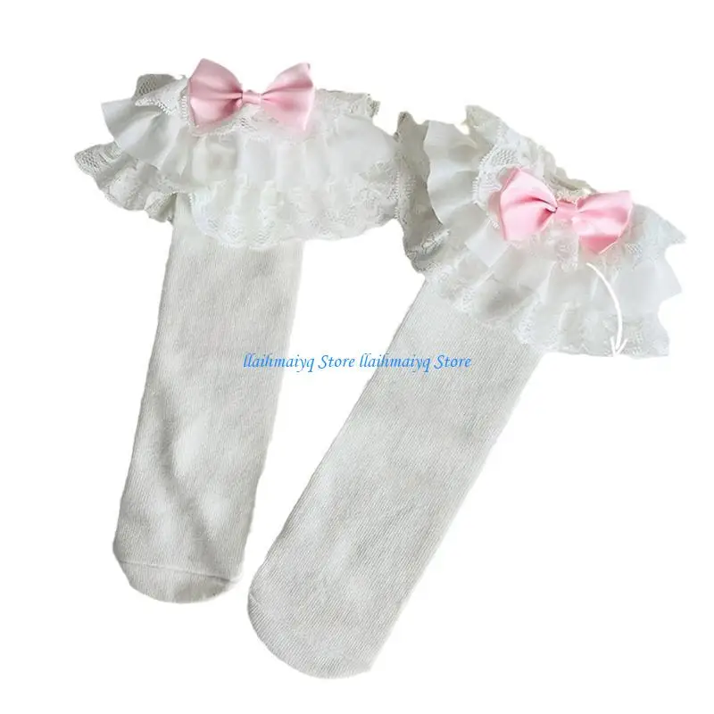 573b 키즈 여자 아기 고딕 양식 로리타 무릎 높이 양말 빈티지 멀티 레이어 주름 장식 달콤한 캔디 색상 새틴 보우 노트 공주