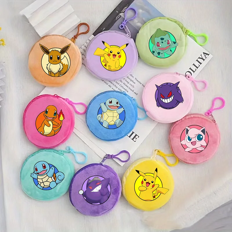 Pokemon Kids Plush Coin Purse Pikachu Charmander Round Mini Wallet Charizard Boys Girls Money Bags Ganger Squirtle Zipper Purse