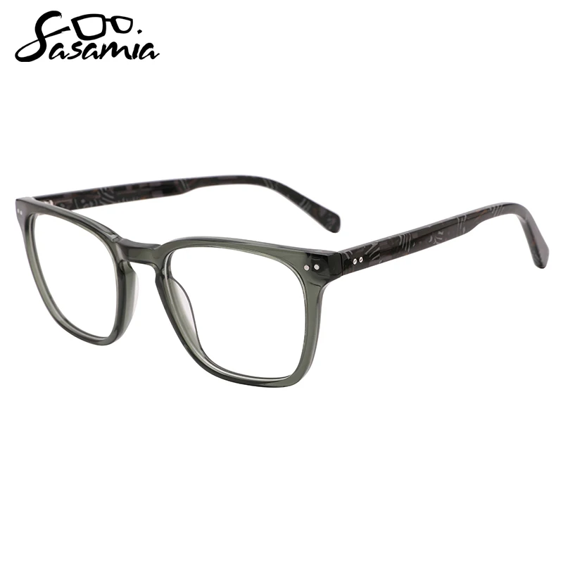 SASAMIA Unisex Eyewear Acetate Square Crystal Colors Frame Optical Glasses Wide Marble/Tortoise Temples in 4 Colors WD1444P