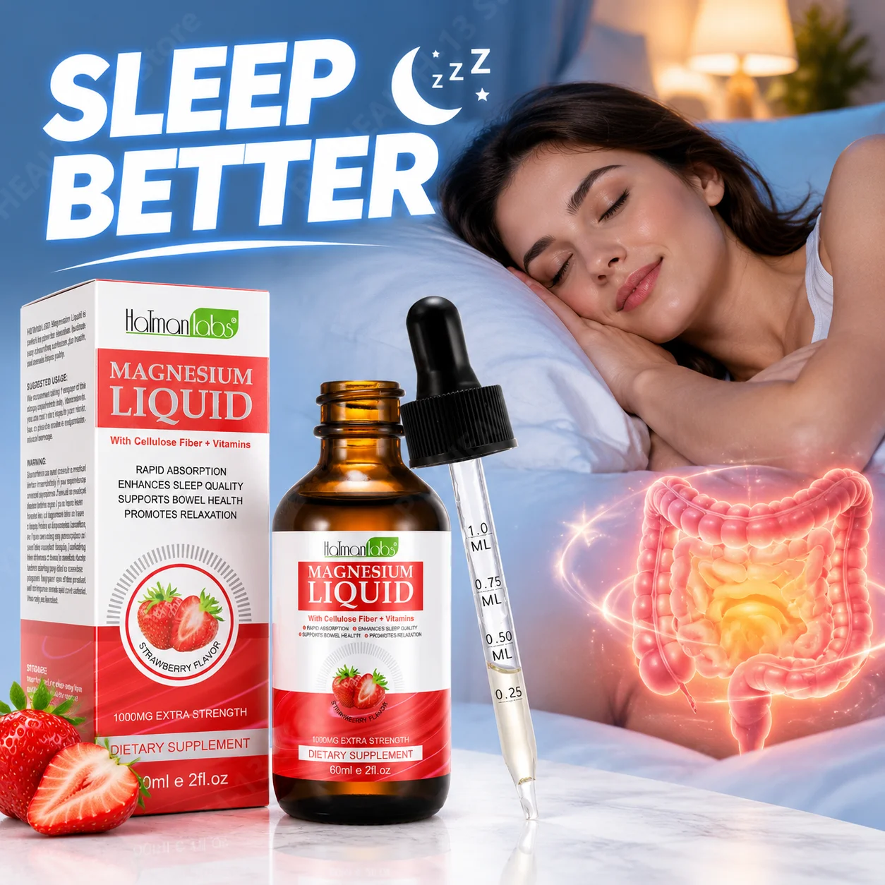 Magnesium Liquid Drops Improve Sleep Quality Maintain Intestinal Health Strawberry Flavor with Cellulose Fiber + Vitamins 60ml