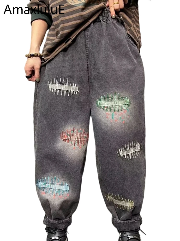 

Amax LuluE винтажные модные джинсы осенние женские свободные джинсовые брюки с вышивкой женские роскошные классические эластичные шаровары для отдыха