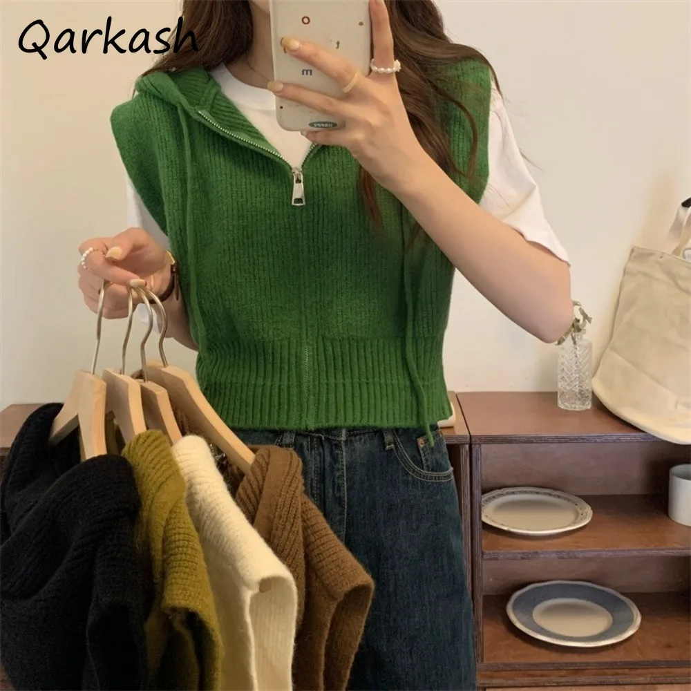 Women Vests Zipper Knitted Casual Tops Drawstring Pure Vintage Korean Style Basic Female Clothing Outwear Trendy Creativity Tees