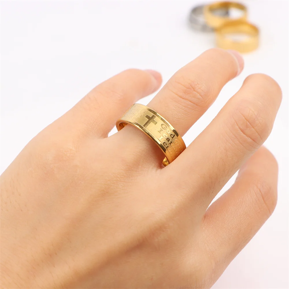 Bible Jesus Cross Stainless Steel Ring For Men Women Religious God Letter Father Prayer Rotatable Stylish Jewelry Party Gifts