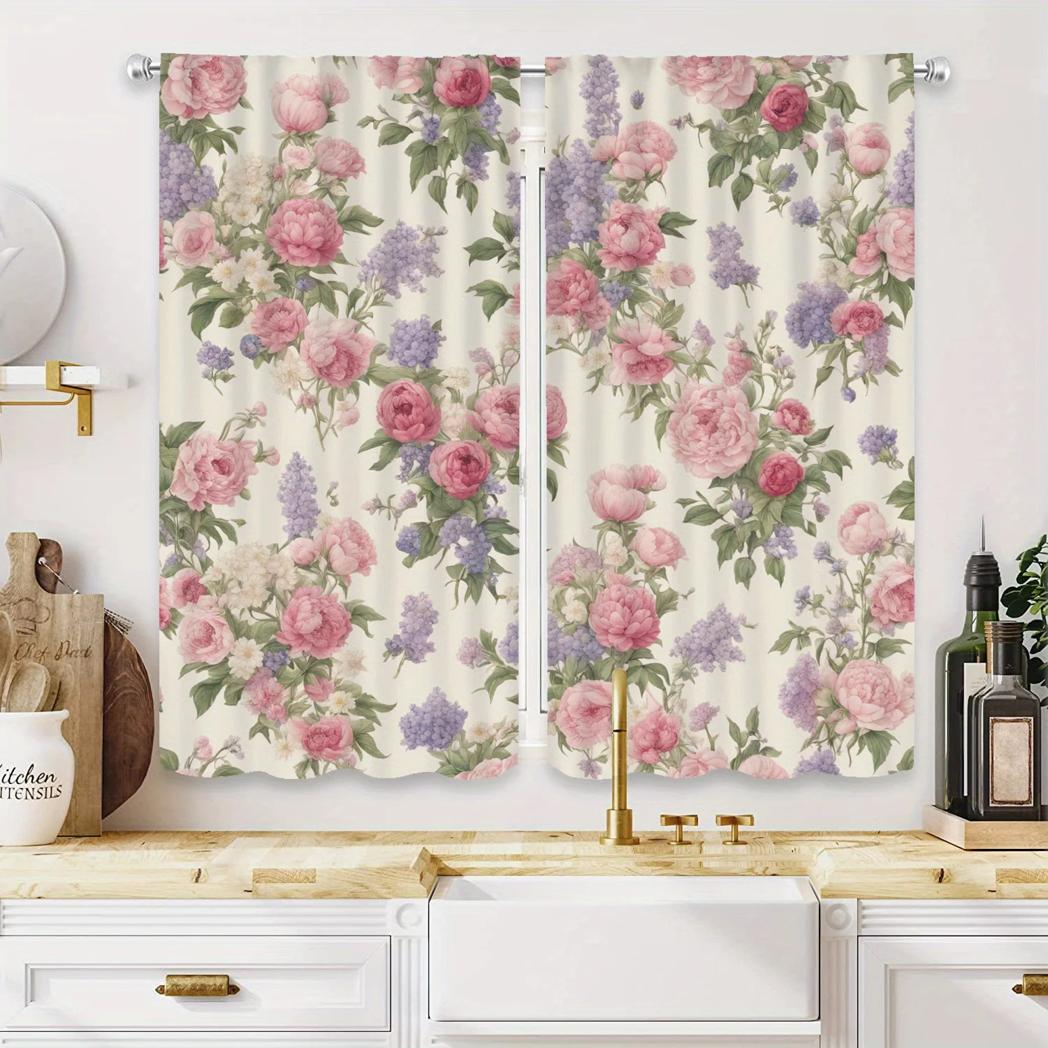 2pcs Glam Style Floral Printed Curtains, Semi-Sheer Polyester Drapes with Rod Pocket, Machine Washable, Decorative Unlined Windo