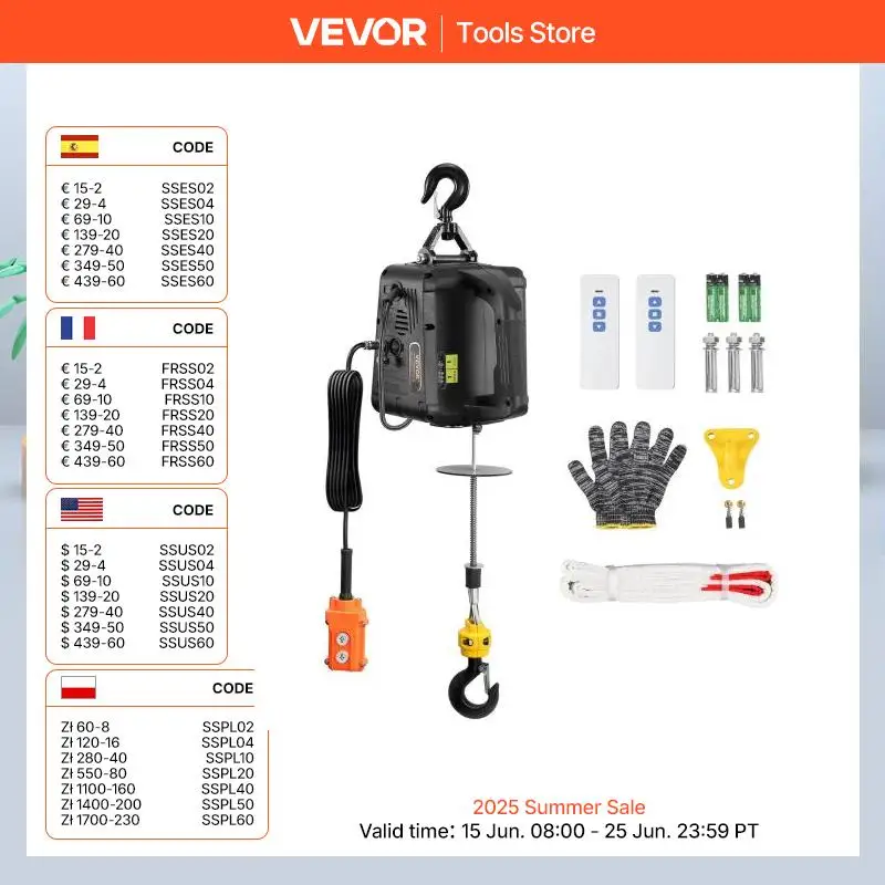 VEVOR 1100lbs Electric Hoist Winch 2/3-in-1 Portable Power Winch Crane with Wireless Remote Control for Overload Protection