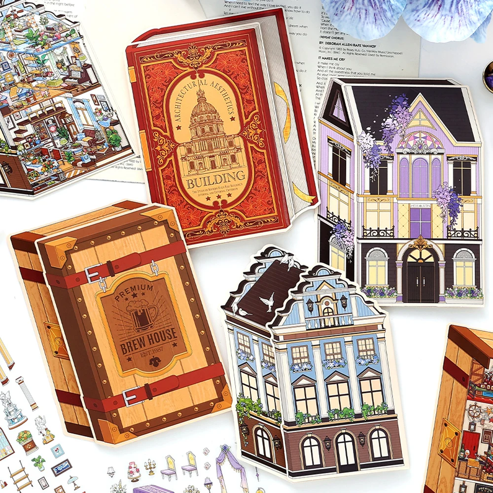 Kawaii precious scroll  3D Flower Pavilion Landscape Sticker  DIY Pocket Cabin Scene festival gift ﻿