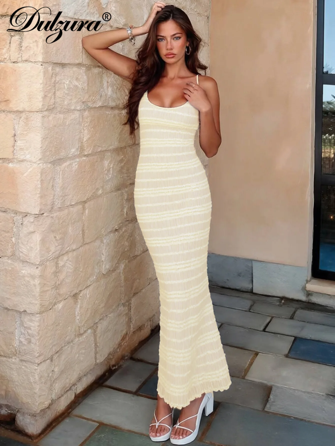 

Dulzura Halter Sleeveless Backless Bodycon Lace Up Side Slit Maxi Dress Solid Sexy Elegant Long Dress Party Club Summer Clothes
