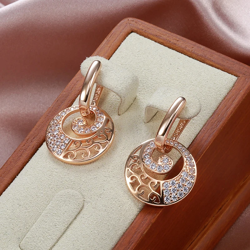 Wbmqda Luxury Circle Hollow Drop Earrings For Women 585 Rose Gold Color With White Natural Zircon Fine Daily Party Jewelry