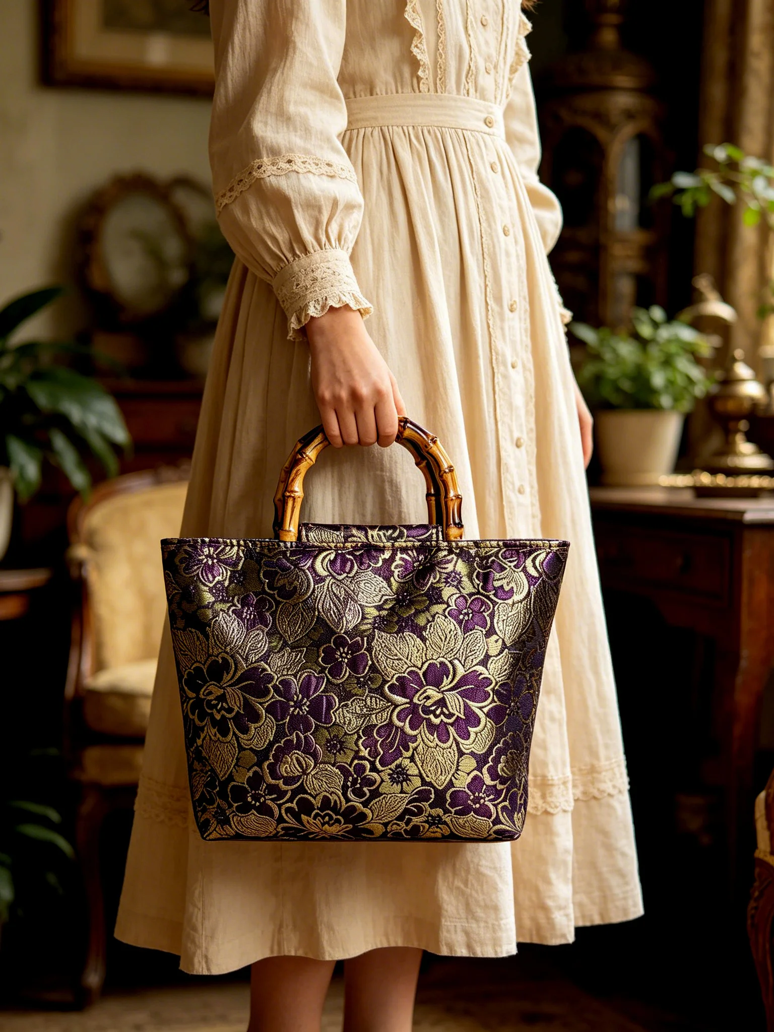 Retro Chinese Style Embroidered Canvas Tote Bag Women's Bamboo Handle Flag Dress Canvas Bag Floral Pattern Handbag