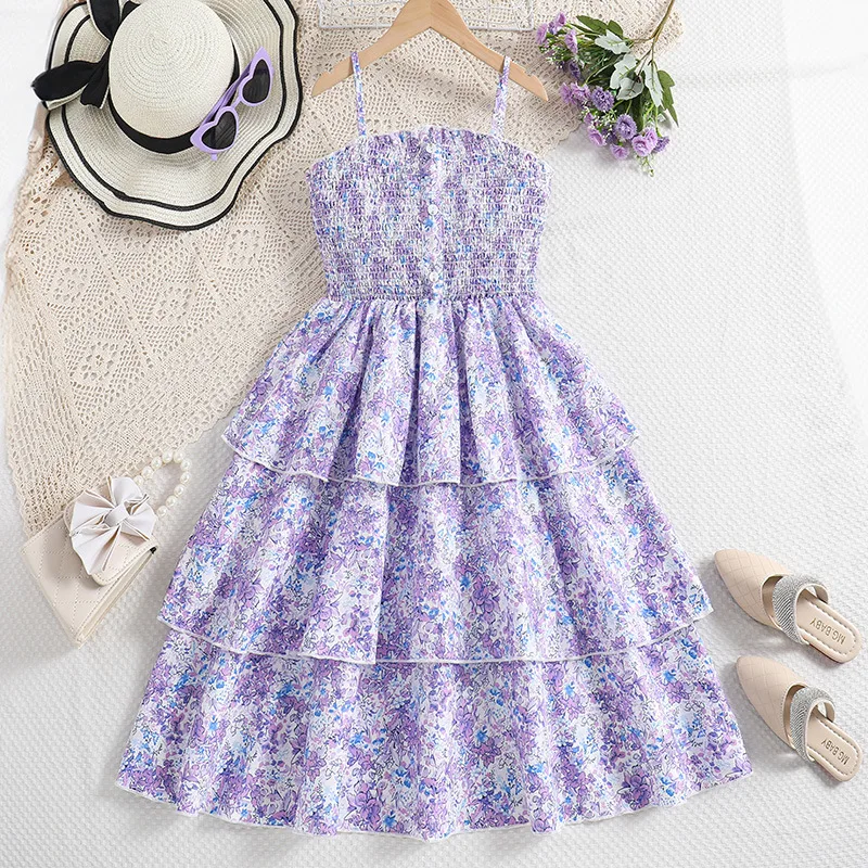 

Kids Casual Cami Dress for Girls Clothes Summer 2024 New Children Fashion Ditsy Floral Print Purple Princess Layered Dress 7-14Y