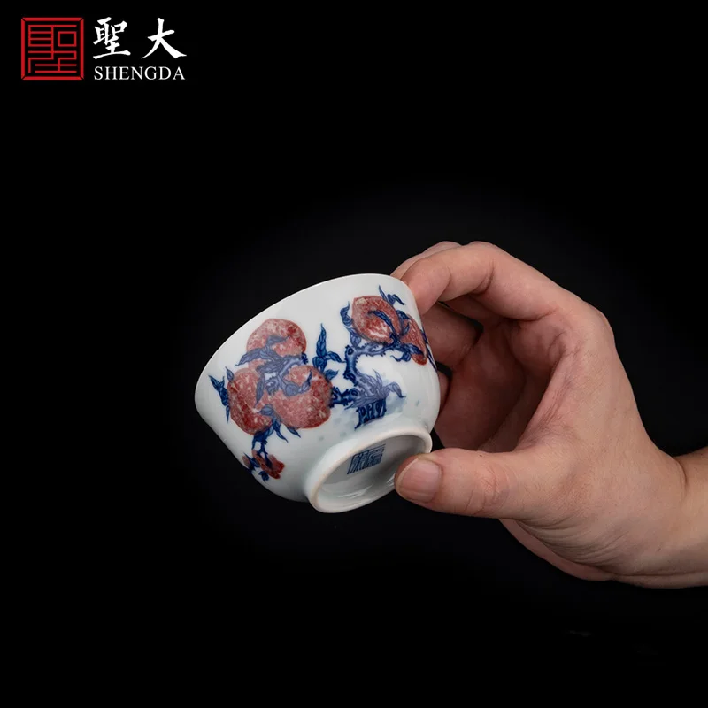 |and white underglaze red longevity peach straight mouth cup Jingdezhen pure hand-painted high-grade tea set tea cup