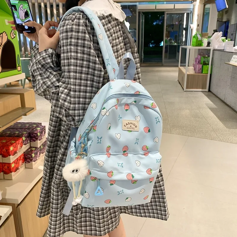 Nylon fabric lightweight student schoolbag, color-blocking strawberry print campus cute pendant backpack, travel small backpack