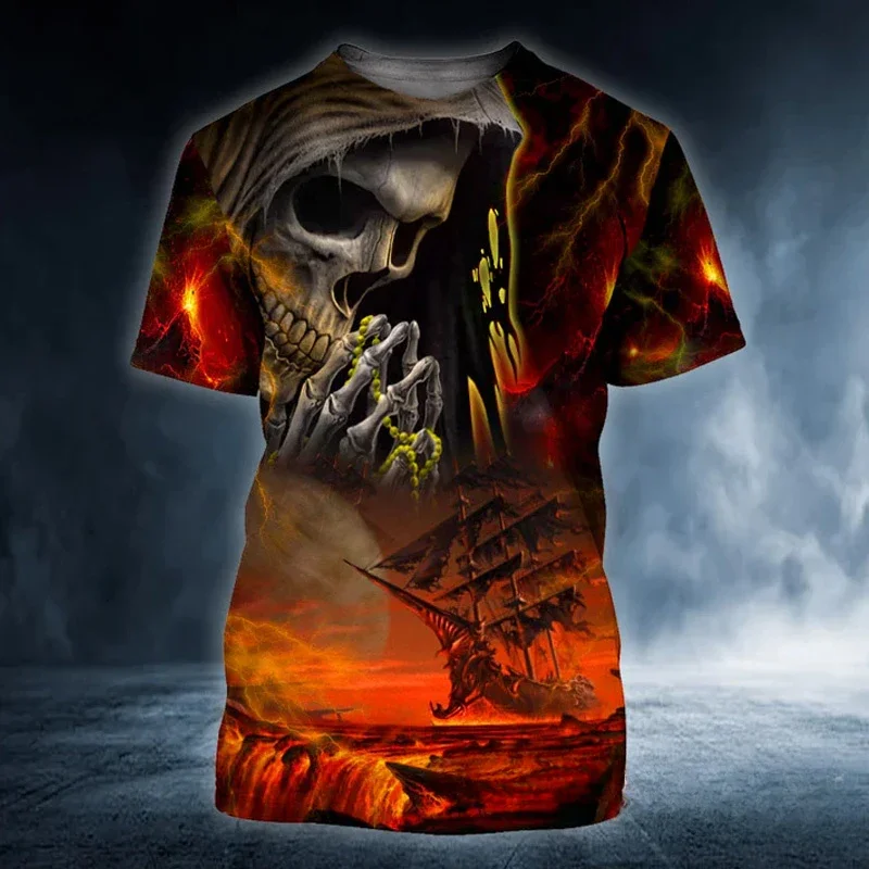 2025 New Trend Summer Retro T Shirt Men 3D Printed Skull Angel Graphic Tees Fashion Oversized  Streetwear Short Sleeve Man Tops