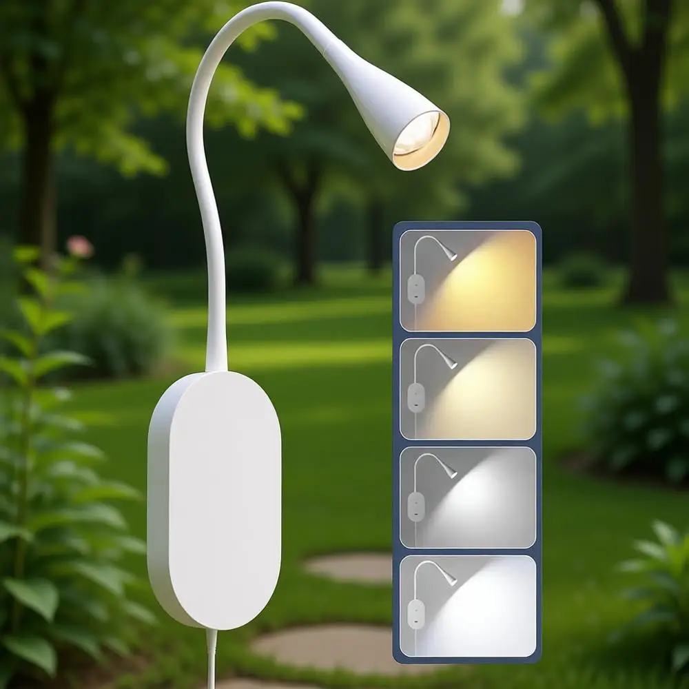 

Bed Reading Lamp with CRI 95+, 4 Colors, 5 Dimmable, 2A USB Output, Memory Function, 4-Hour Auto Off, 360° Swivel White