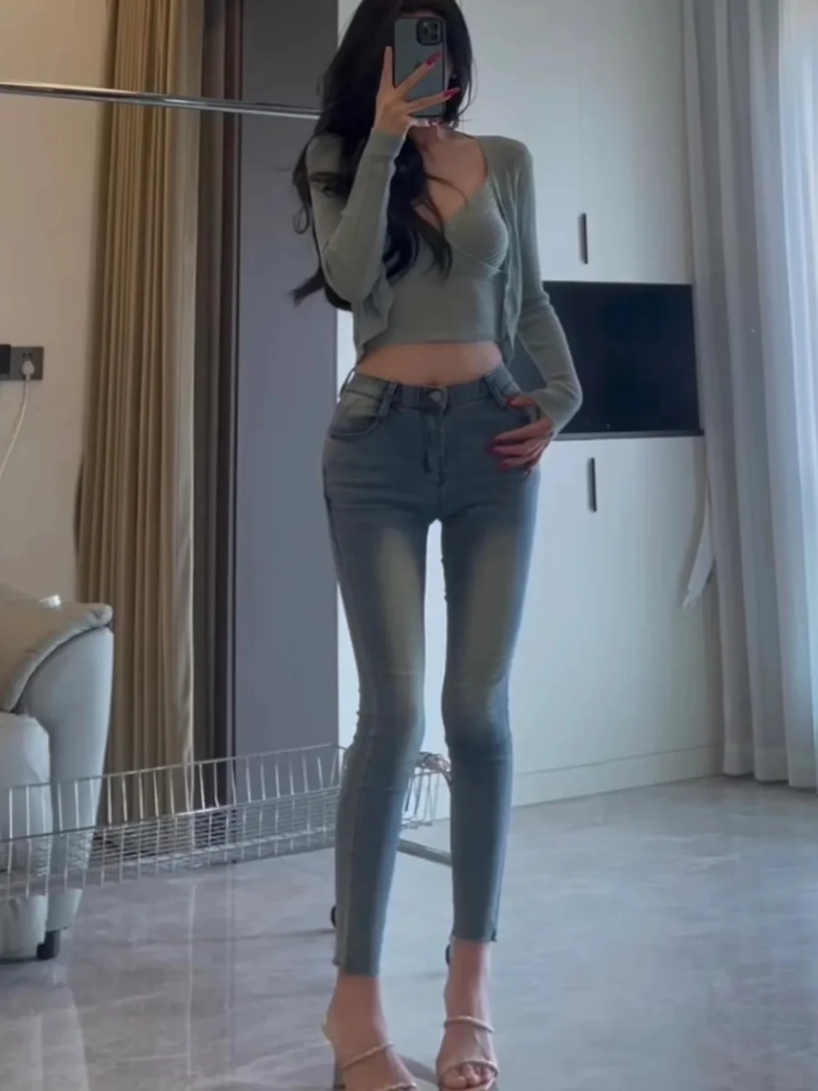 

High Waist Slim Fit Pencil Pants Women's Retro Faded Cotton Stretch Denim Jeans Trousers Korean Sle Summer Wear