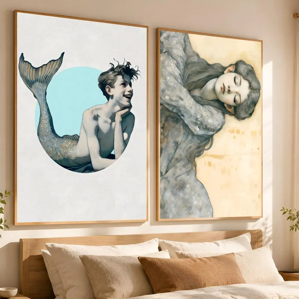Merman Painting Male Mermaid Poster Matte Self-Adhesive Wall Art Print Living Room Bedroom Home Wall Decor