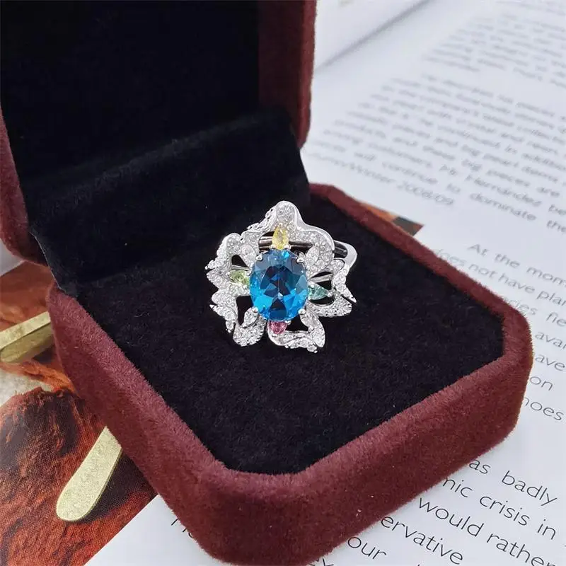 ZECAA perhiasan mewah cincin Topaz wanita dengan batu permata Topaz biru London alami 7*9mm cincin Topas wanita perak hadiah wanita terbaik