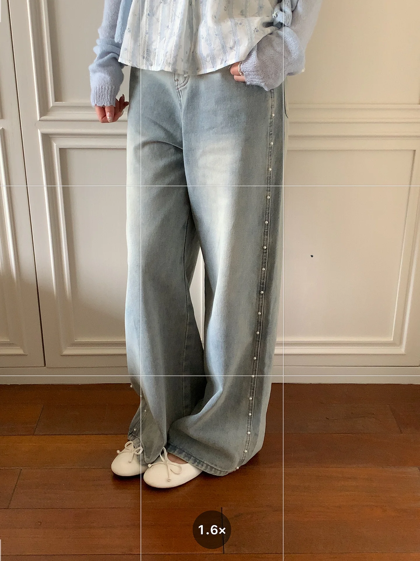

Slimming Pearl Denim Flared Casual Commuter Jeans High Waist Cotton Korean Sle Blue Jeans Ladies Faion Spring Autumn Winter