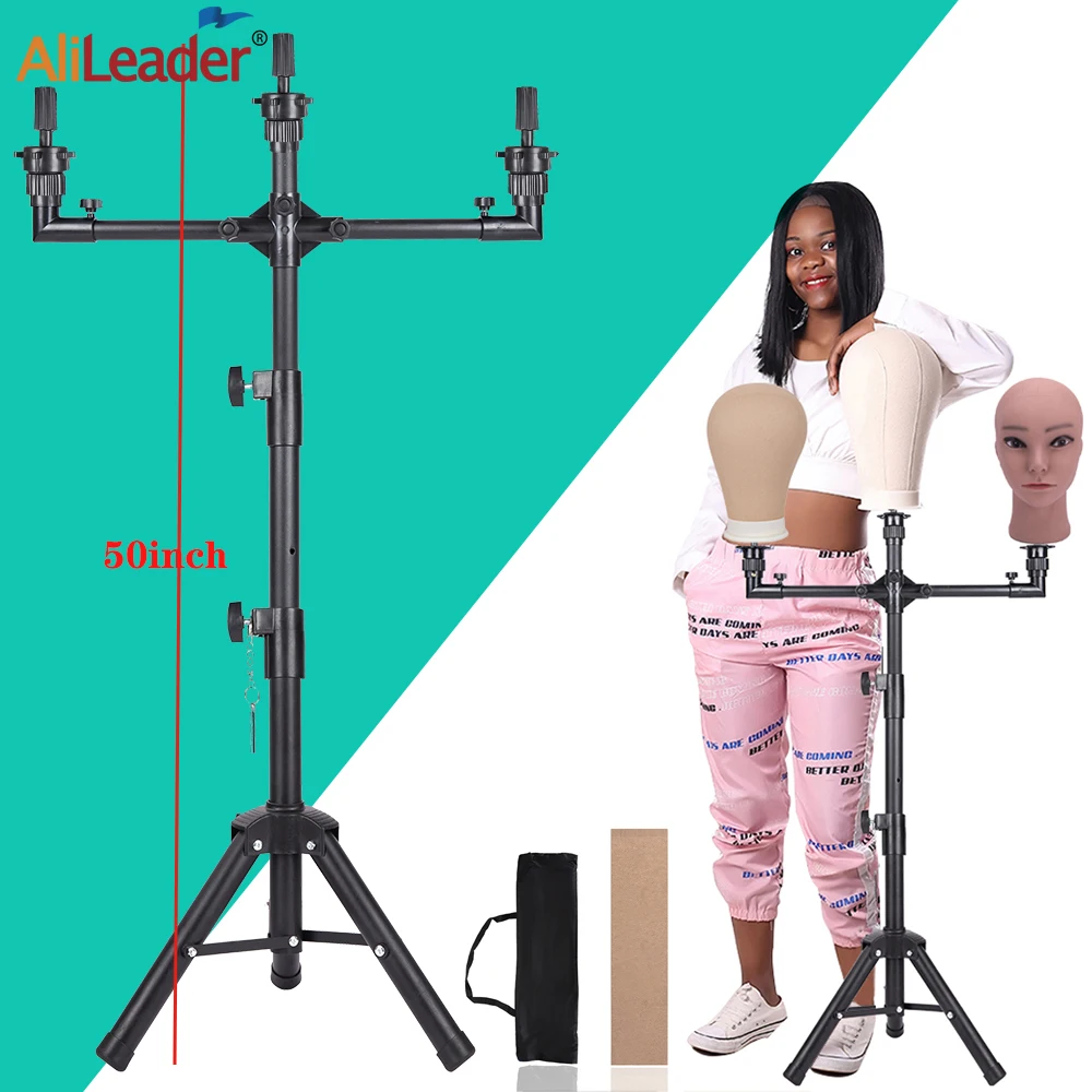 3Holders Wig Stand Canvas Head Stand For Hairdressing Tripod Wig Stand Holder Adjustable Wig Styling Display Stand Black