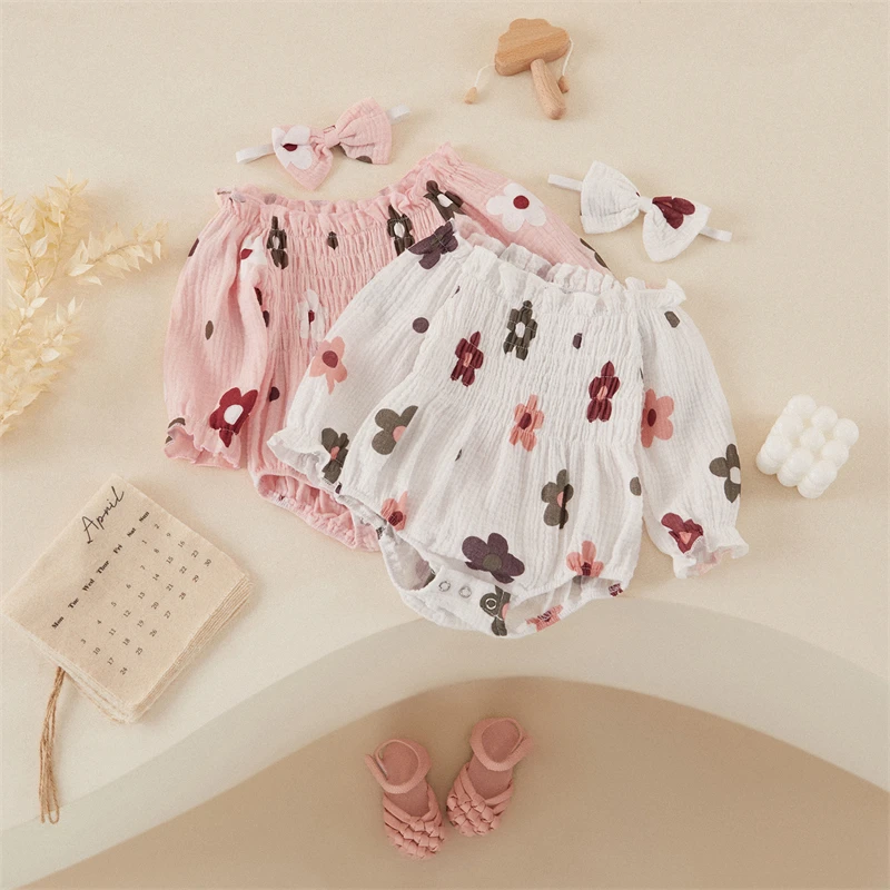 

Tregren 2-Piece Baby Girls Set Long Sleeve Floral Print Square Neck Smocked Ruffled Romper Bow Headband Adorable Outfits