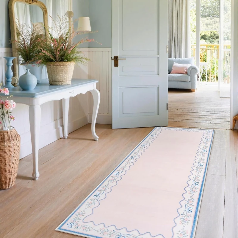 Corridor Carpet Hallway Long Runner Rug Machine Washable Non-slip Floor Mat Bedside Mats Pink Scalloped Floral Home Decor Rugs