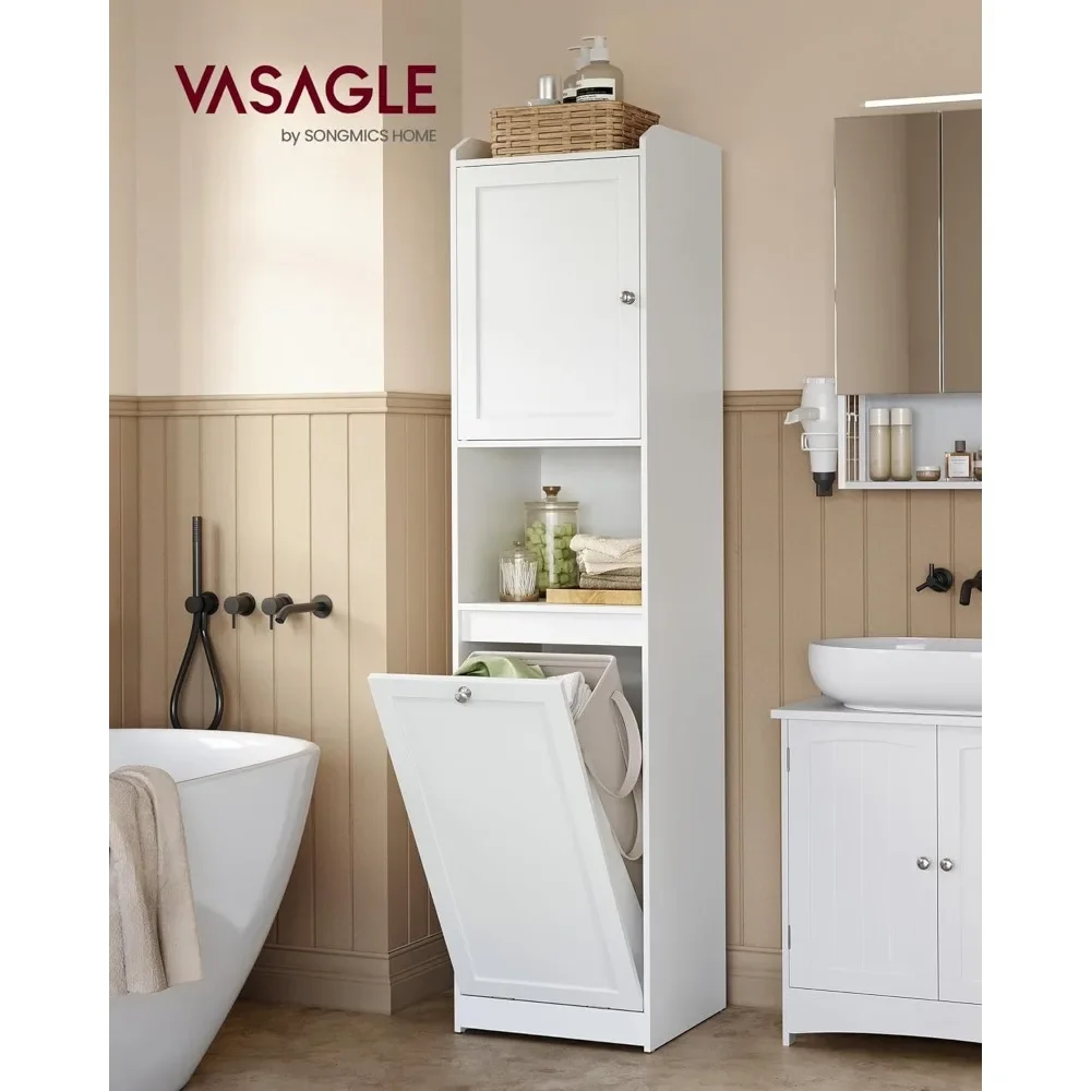 Tall Bathroom Cabinet with Laundry Basket, Removable Laundry Basket with Handles, Compartment with Door, Linen Tower