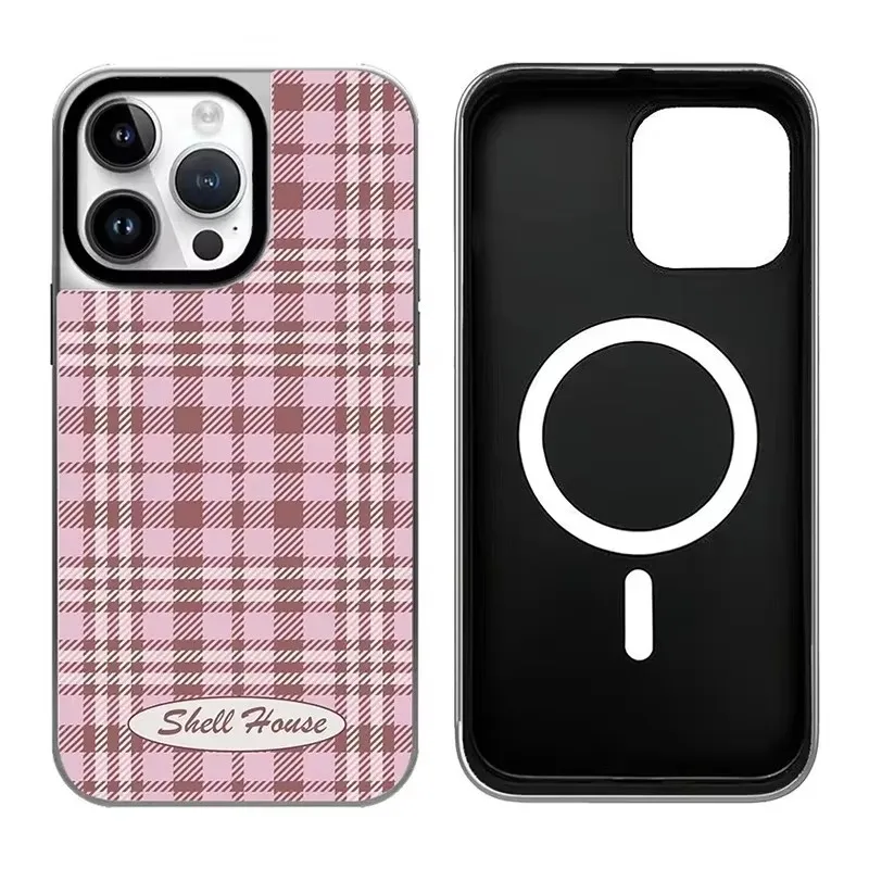 

Pink Blue Plaid Black Silver Border iPhone 12 13 14 15 16 Pro Max Mirror Surface MagSafe Case Cover Shell