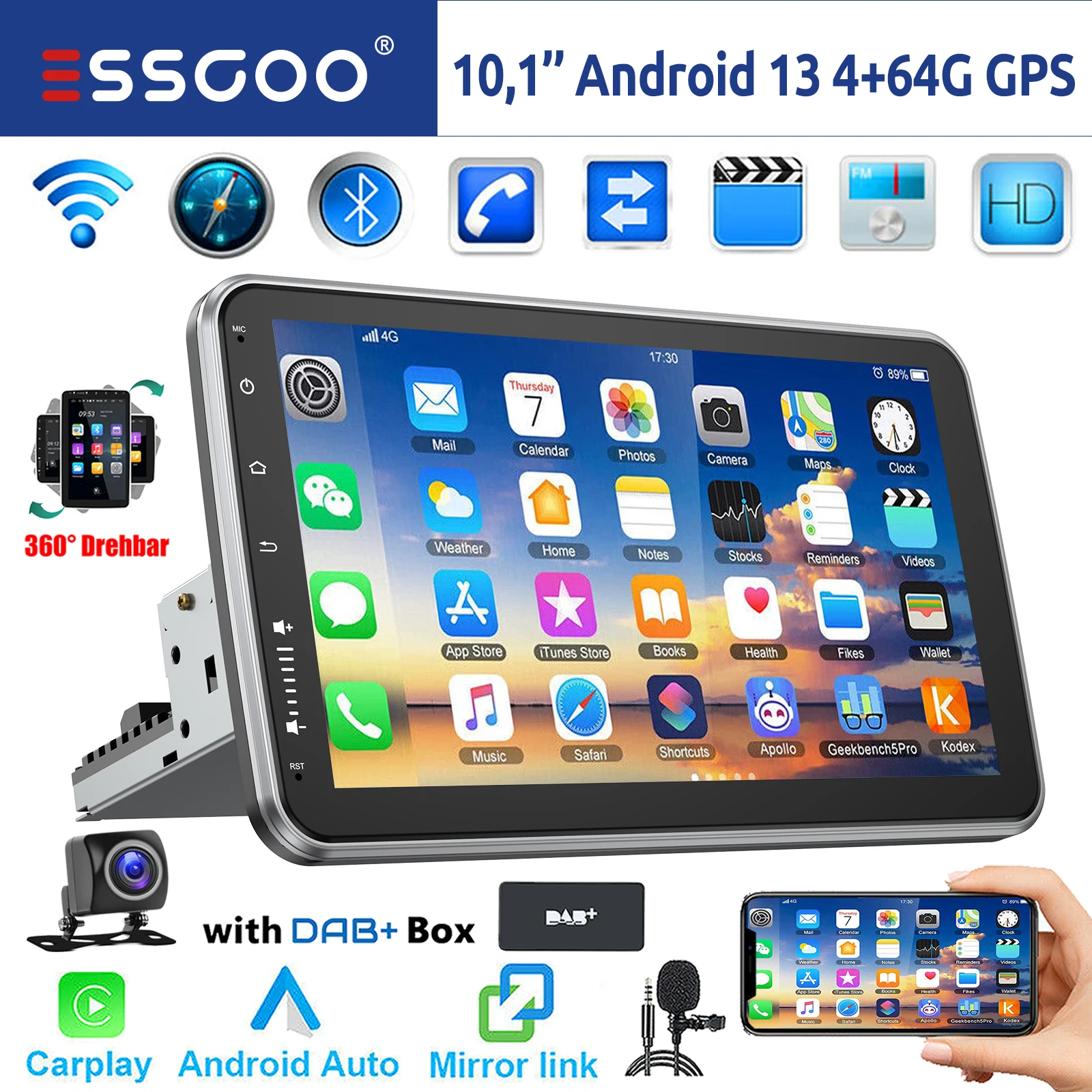 ESSGOO 10 "Android 13 4 + 64G Apple Carplay Android Auto Stereo Radio Enkele 1 DIN GPS Nav Bluetooth FM RDS WIFI USB EQ SWC