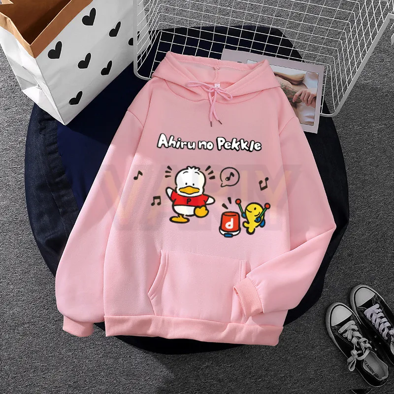 Hoodie wanita motif desain Anime Pekkle hoodie modis bulu domba bebek hoodie kreativitas Pullover pakaian jalan longgar Sweatshirt