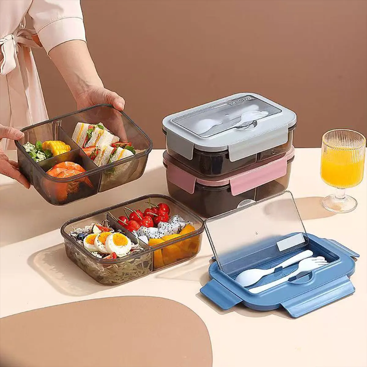 Student Cafeteria Lunch Box, Microwaveable, High-Looking Lunch Box for Office Workers, Plastic Lunch Box with Lid, Pink Lunch Box with Fork and Spoon, 1 Piece