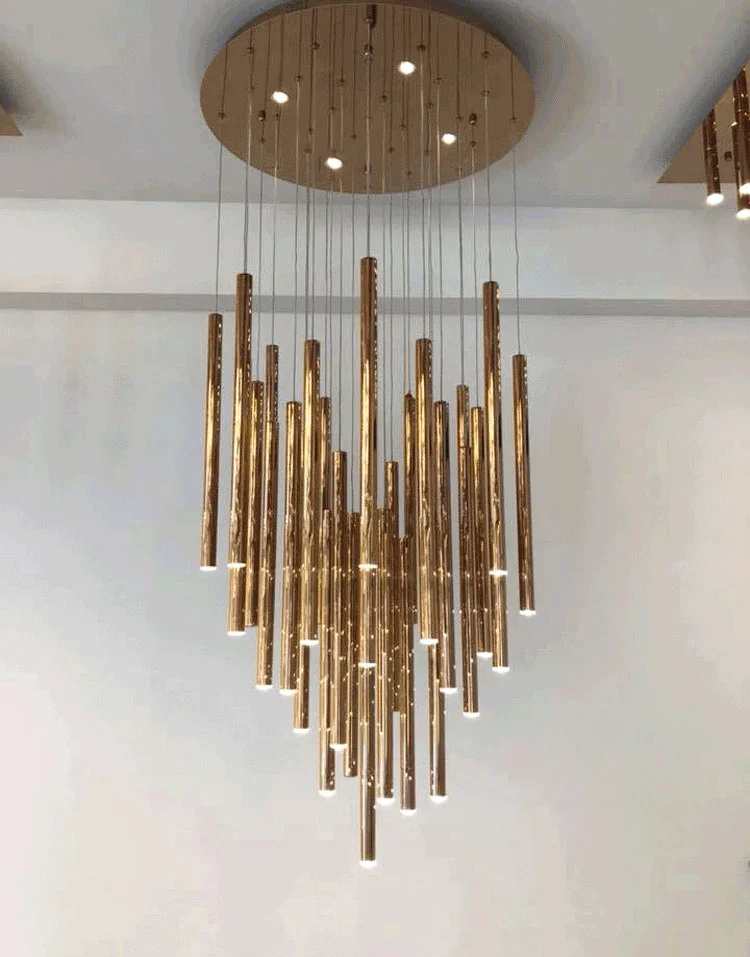 Pendant Light Luxury Chandelier Villa Long Cylindrical Dining Room long Gold Tubes 28lights modern villa living room deco