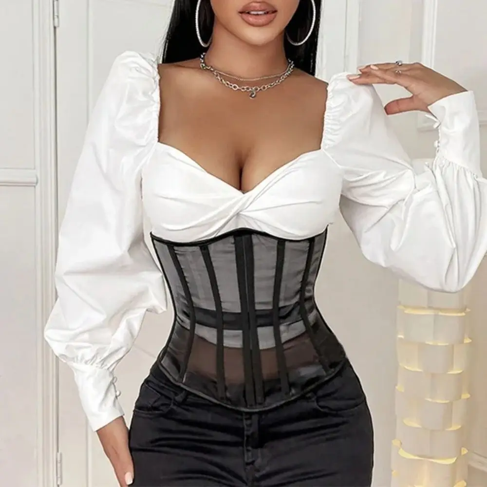 Elegant Polyester Underbust Corset Adjustable Strap Fish Bone Mesh Corset Lace Up Slimming Cincher Women