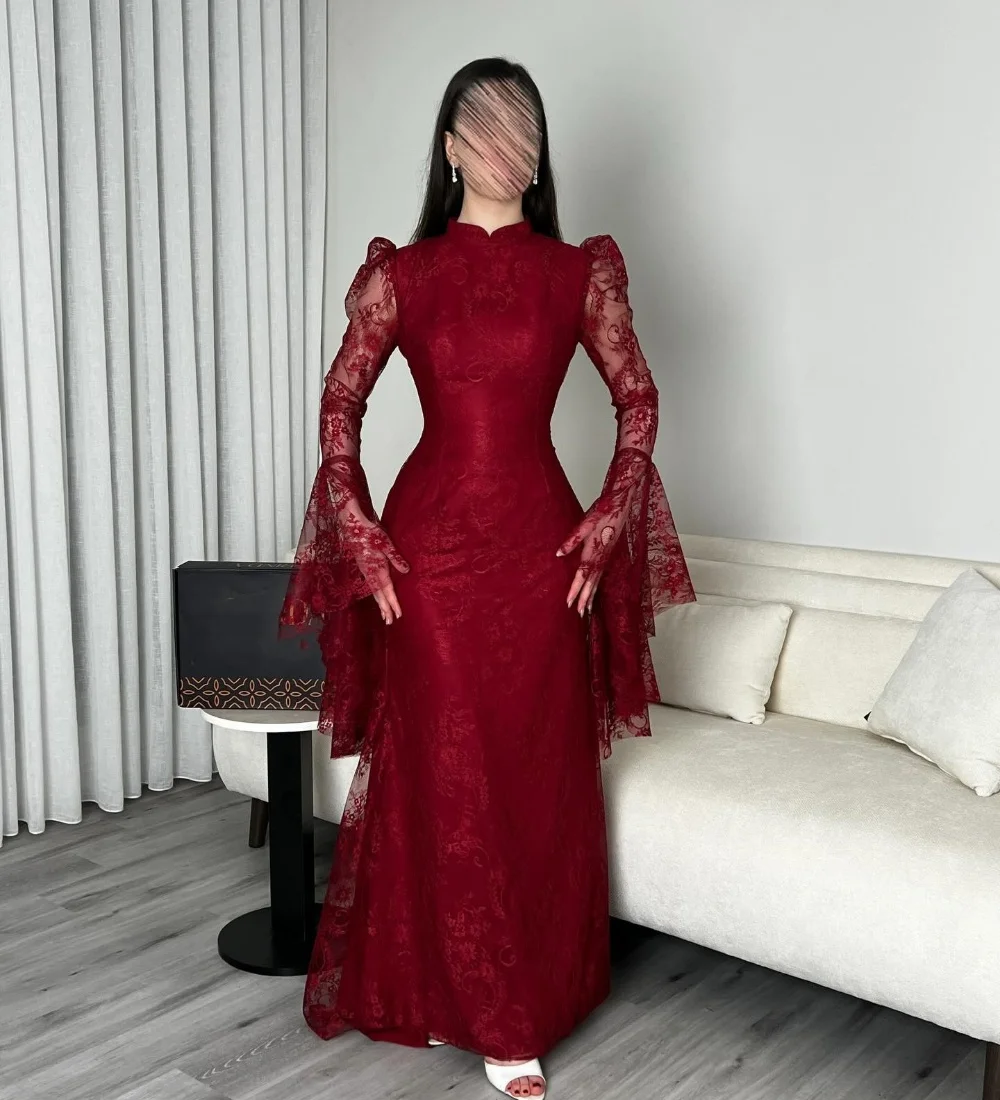 

Customized Modern Style Matching Lace Pleat Ruched Mermaid High Collar Long Dresses Evening Dresses for Woman Sizes Available