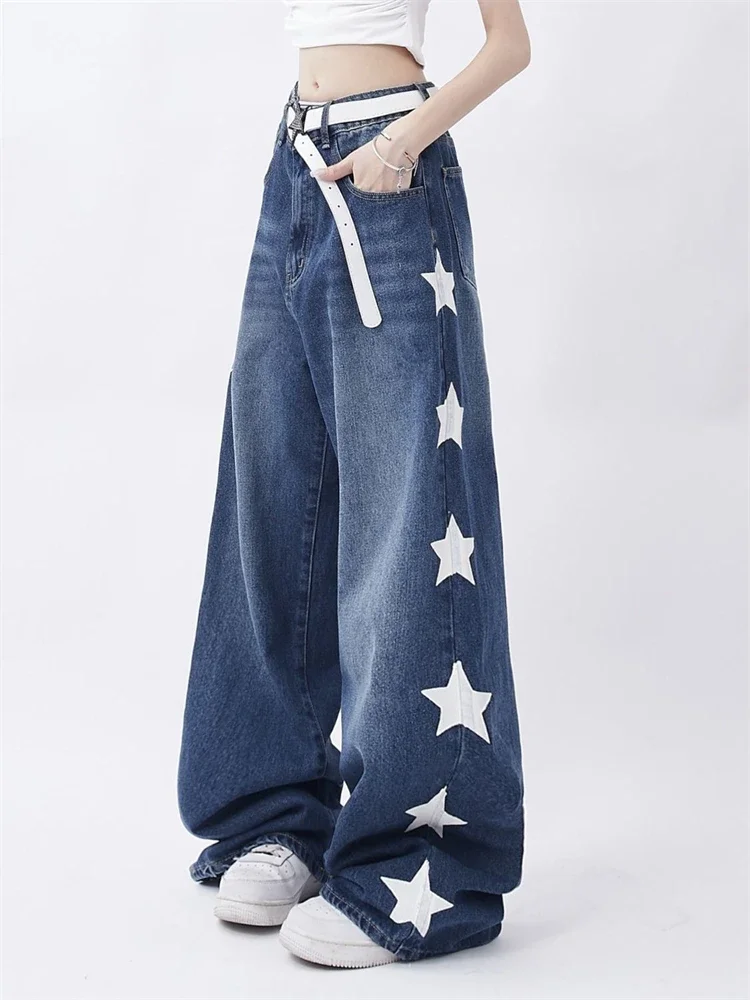 Women's Star Print Pattern High Waist Blue Jeans Street Cool Girl Bottoms Wide Legs Pants Female Fashion Denim Trousers