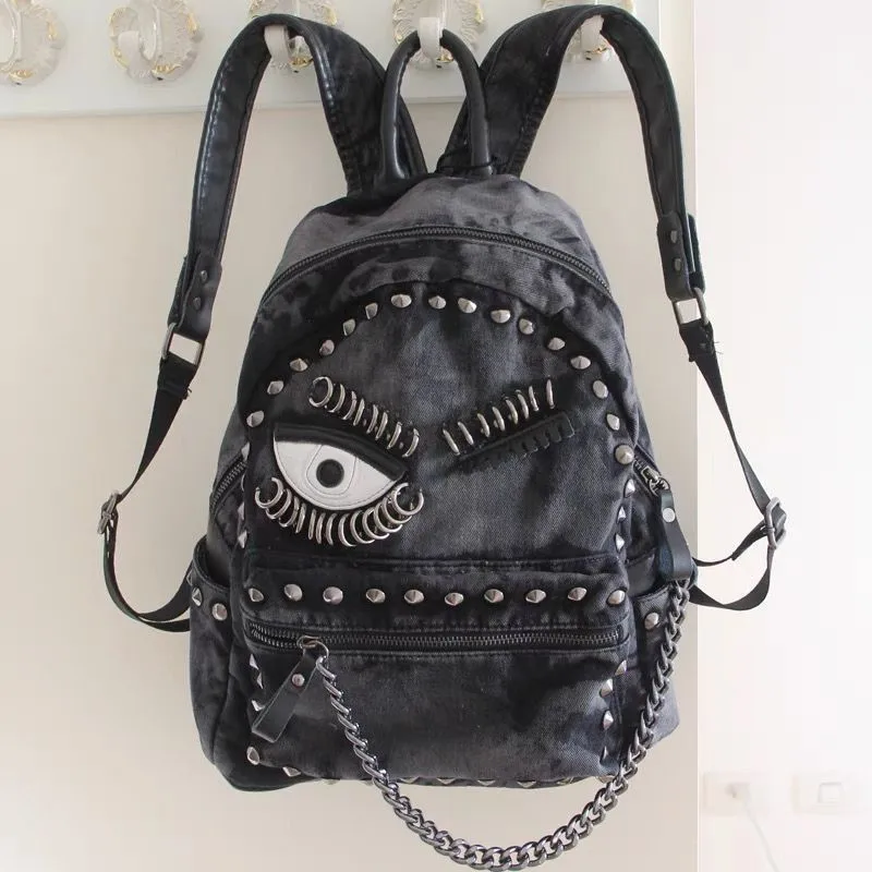 Women's New Fashion Steampunk Denim Backpack Large Capacity Rivet Chain Shoulder Handbag Large Capacity Canvas Bag